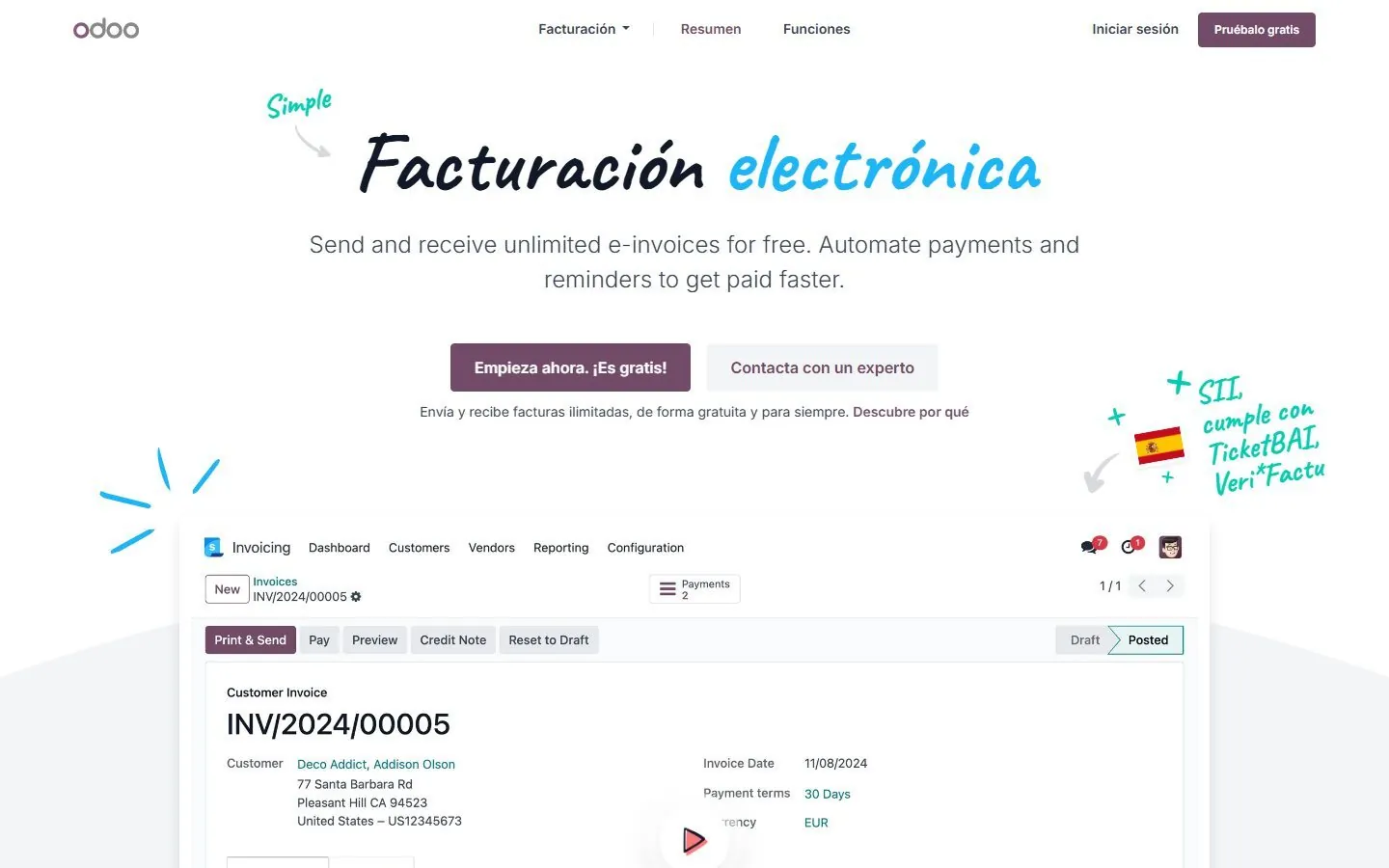 Interfaz real de Odoo 19 · Invoicing