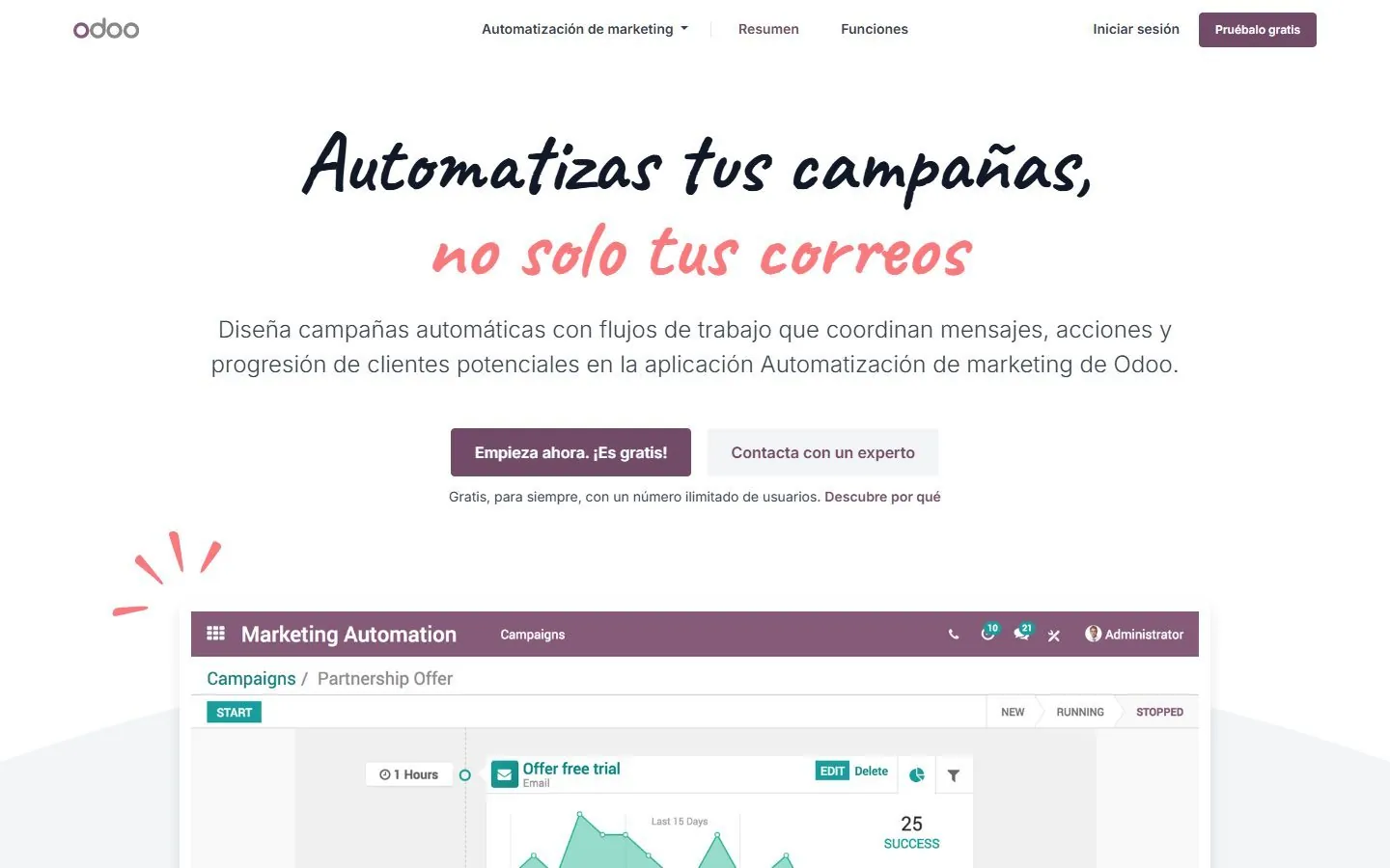 Interfaz real de Odoo 19 · Marketing Automation