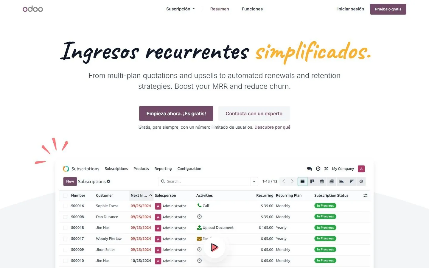 Interfaz real de Odoo 19 · Subscriptions