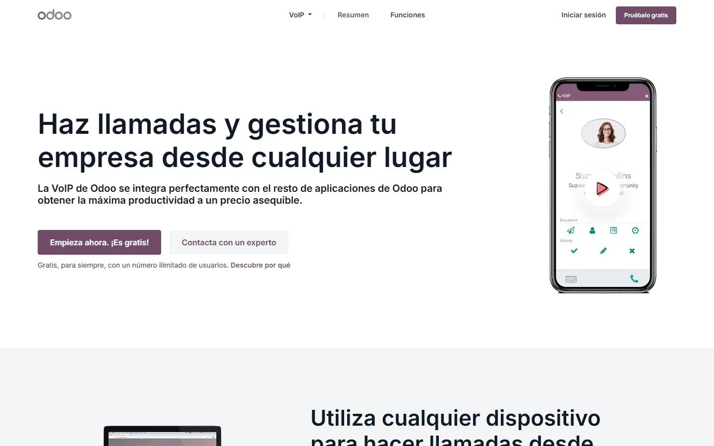 Interfaz real de Odoo 19 · Voip